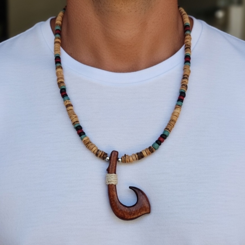 Wooden Hook Pendant Necklace with Beaded Chain